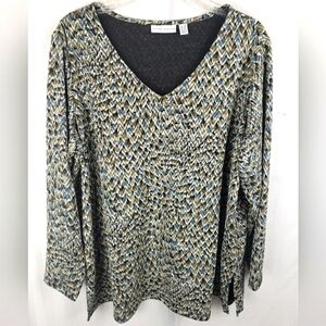 Susan Graver Beige and Blue Long Sleeve Vneck Shirt Sz 1XP